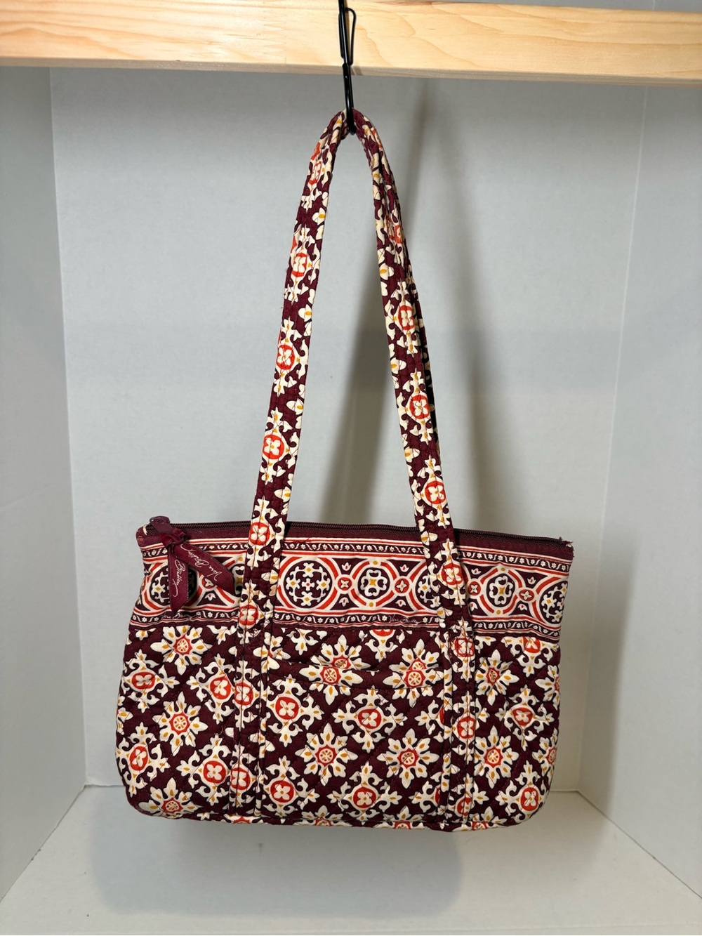 Vera Bradley Quilted Floral Tote in Burgundy and Cream with Orange Accents